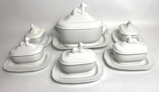 SET OF 12 EARTHENWARE COVERED BOWLS, PLATES & TUREEN: Italian, modern. Each white glazed rectangular bowl with a cover surmounted by a recumbent lion, with underplate, the tureen also covered with a lion finial and Lion heads at the sides, with underplat