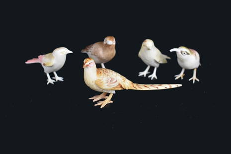 FIVE CARVED POLYCHROME BIRDS: Including two finches and a pheasant. Widths 1.75 to 3 in.