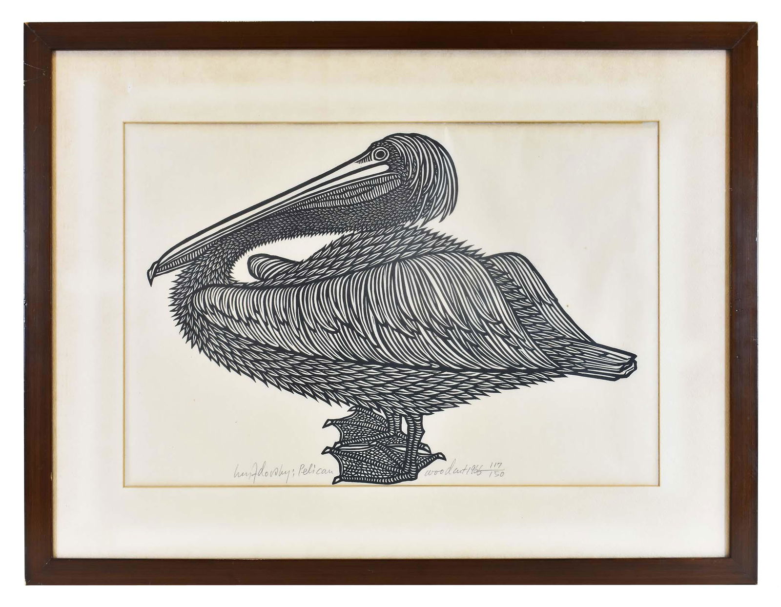 JACQUES HNIZDOVSKY (Ukrainian. 1915-1985): Pelican, 1966. Signed, titled and dated in pencil lower margin. Numbered 117/150. Woodcut. Site 13 by 19 in., overall 20 by 26 in.