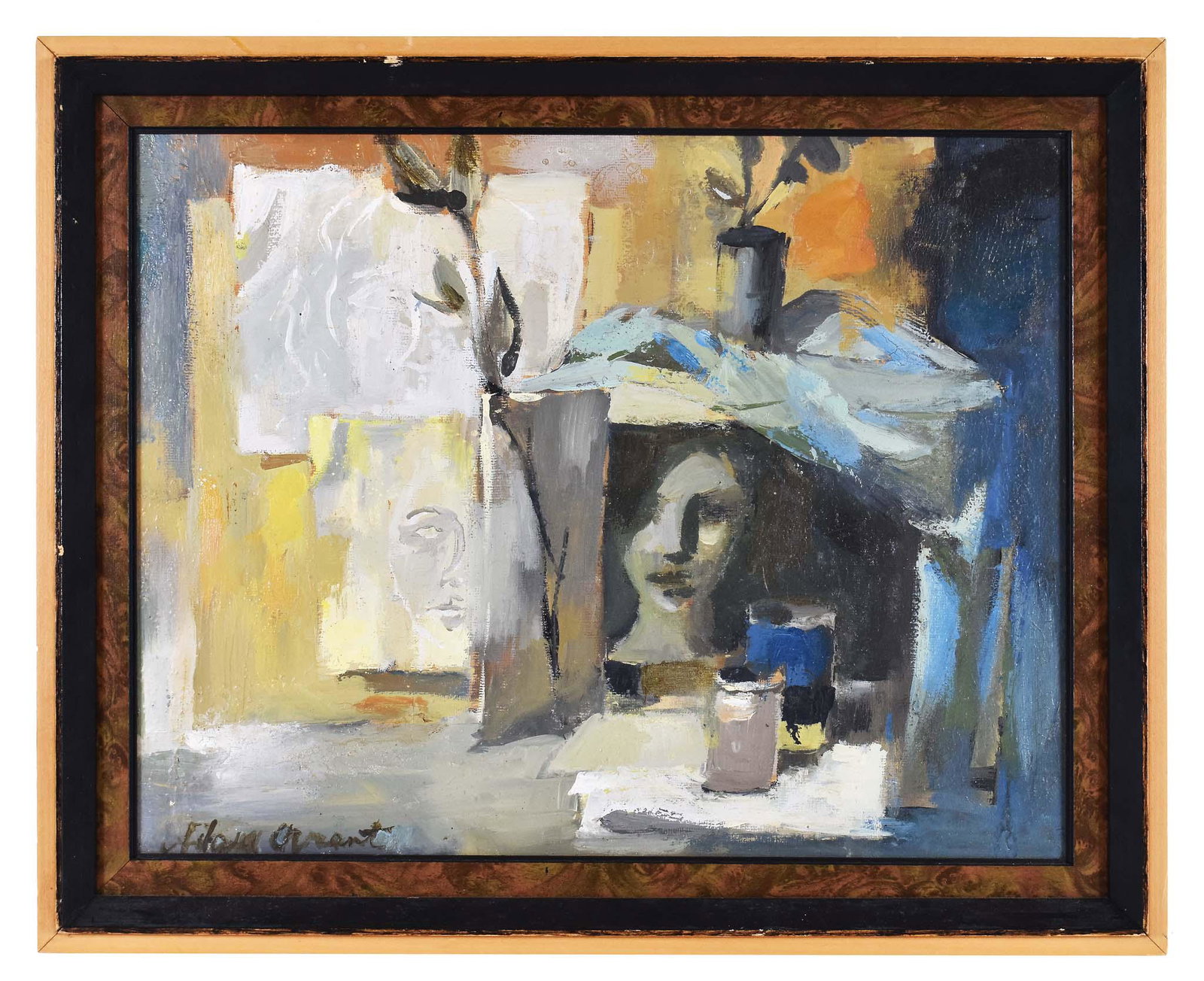 AMERICAN SCHOOL (20th Century) PAINTING: Still Life with Portraits and a Flower in a Vase. Signed l/l. Oil on Artists Board. 12 by 15 in., overall 13 by 16 in.