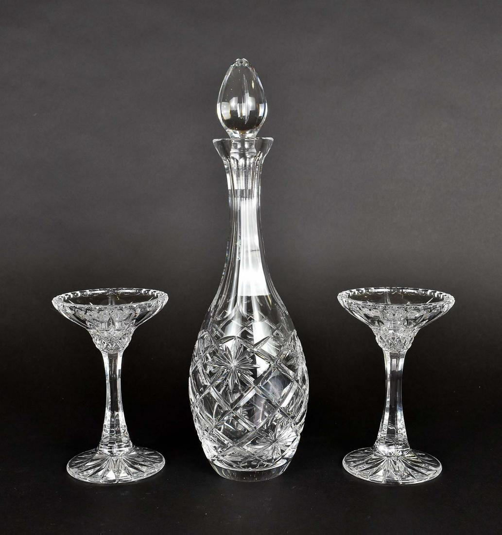 CUT-GLASS DECANTER & PAIR OF GLASS CANDLESTICKS (1 of 3)