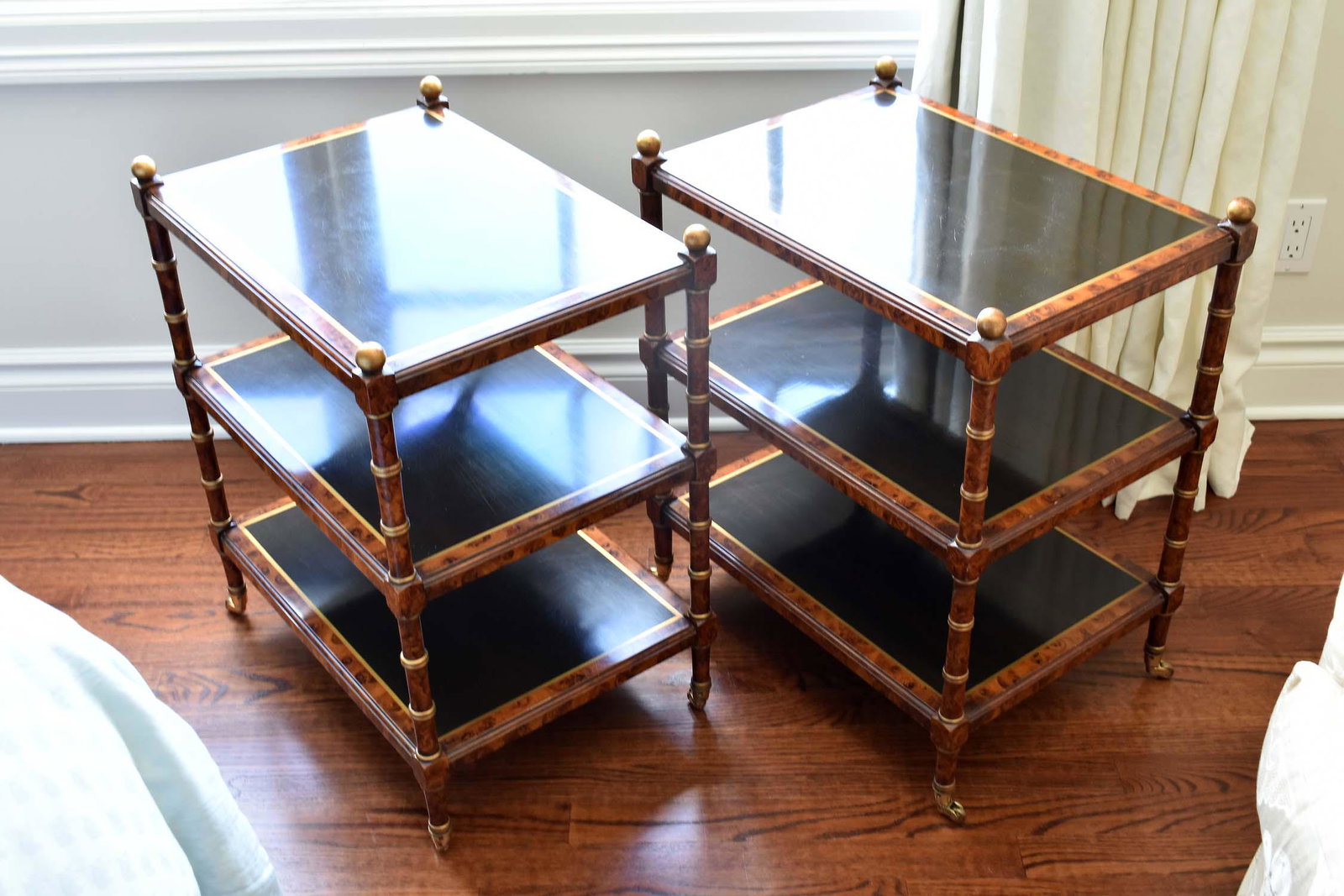 PAIR OF FAUX BURL WALNUT THREE-TIERED SIDE TABLES (1 of 5)