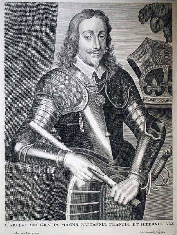 ANTHONY VAN DYCK (Flemish. 1599-1641): "Charles I". Signed in the plate. Engraving (1st State of 2), on Laid Paper with a "Fleur de Lis" watermark. Image measuring 11" by 8 1/8". Sheet measuring 13 3/8" by 10 5/8". (Mouguoy-Hendrickx 177) 