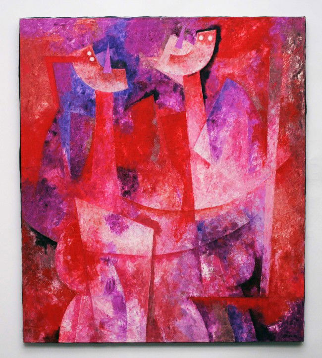 BYRON GALVEZ (Mexican. 1941-2009): "Romance". Signed Byron '92 l/r. Oil on Canvas. Measuring 45" by 38 1/2". Unframed. (Cond: good) (5000/7000)