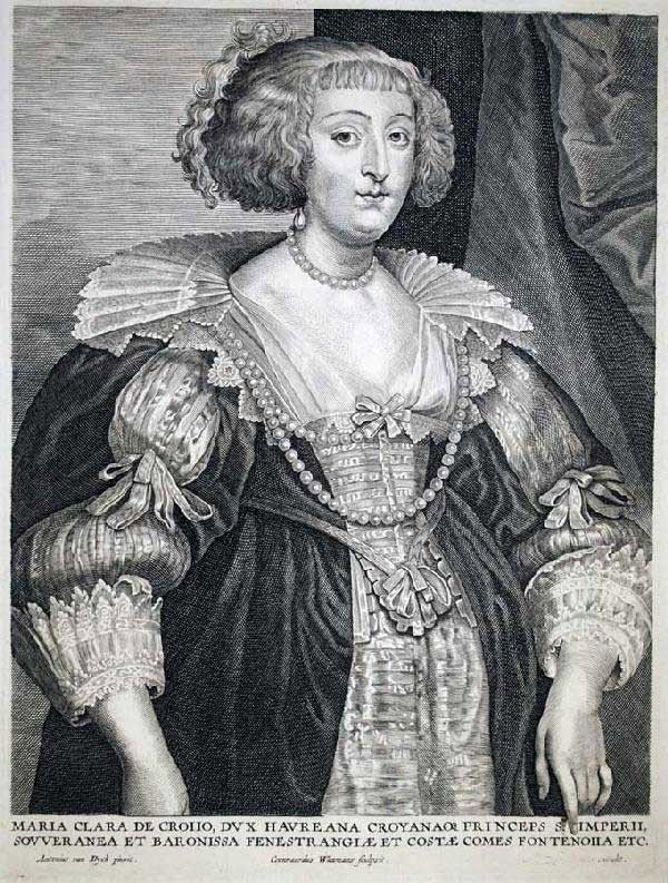 ANTHONY VAN DYCK (Flemish. 1599-1641): "Marie-Claire de Croy". From Iconography, Circa 1630-1632. Signed in the plate. Engraving (2nd State of 2) on Laid Paper. Image measuring 10 5/8" by 7 5/8". Sheet measuring 14" by 9 7/8". (Mauguoy-Hen