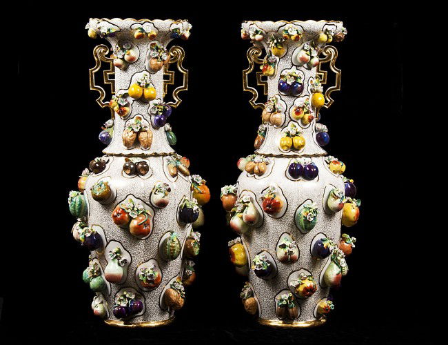 VERY FINE LARGE PAIR OF JACOB PETIT PORCELAIN VASE: VERY FINE AND LARGE PAIR OF JACOB PETIT PORCELAIN VASES French. 19th Century. Underglazed JP mark. Each vessel with gilt scroll handle and molded with various fruits in high relief below the scalloped