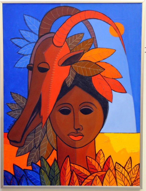 CANDIDO BIDO (Dominican Republic. Born 1936): "Magia Antillana". Signed Bido '86. Verso signed, titled and dated 1986 on canvas. Acrylic on Canvas. Measuring 40" by 30". Chrome frame. (Cond: good) (300/400)