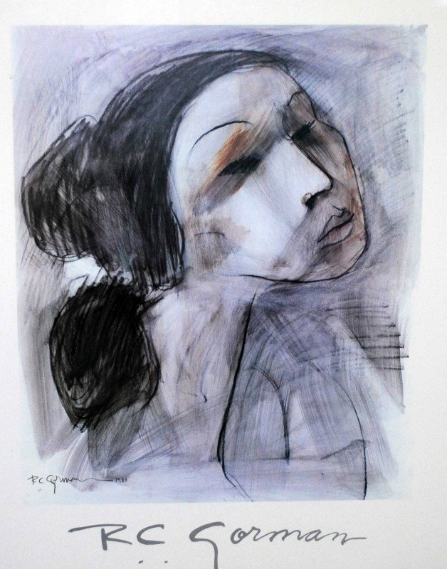 RUDOLPH CHARLES GORMAN (American. 1931-2005): "Reclining Woman". Signed in pencil and dated 1982, numbered 21/250. Color Lithograph. Sight measuring 18" by 24". Framed. (Cond: good, has margins) Along with an R.C. Gorman color print, "Head Study 