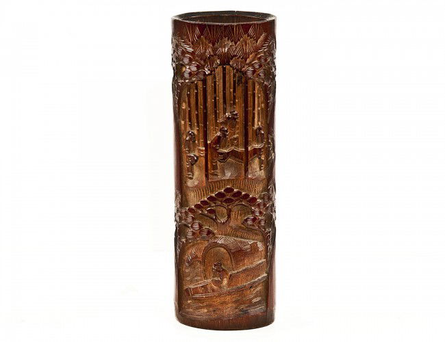 WELL CARVED BAMBOO BRUSH HOLDER: Chinese. 19th Century. Of cylindrical form incarved with sages. Height 11 ¾". (600/900)