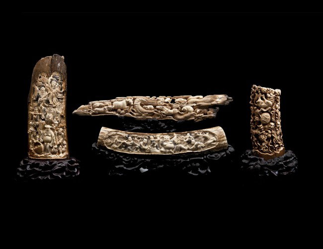 GROUP OF FOUR CARVED MAMMOTH TUSKS: Chinese. One horizontal and one vertical carved with figures, one horizontal carved with a dragon and various animals and one vertical carved with a group of fu dogs. Each with carved wood stand. Vari