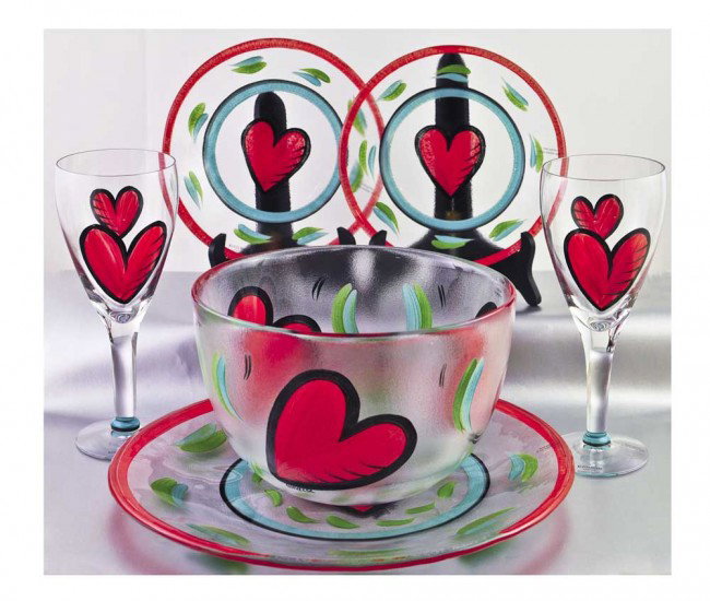 SIX PIECE KOSTA BODA CRYSTAL TABLE SERVICE: Swedish. Each monogrammed UHV/CSL. Comprising: bowl, tray, two goblets and two plates. Each hand painted with hearts.