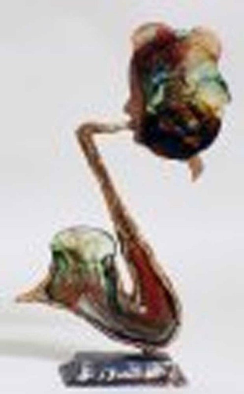 YVES LOHE (20th Century): "Saxophone Player". Signed Lohe. Gilt Bronze, Glass and metal. Height 15".
