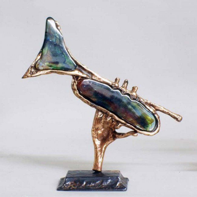 YVES LOHE (20th Century): "Trumpet". Signed Lohe. Gilt Bronze, Glass and Metal. Height 14 1/4".