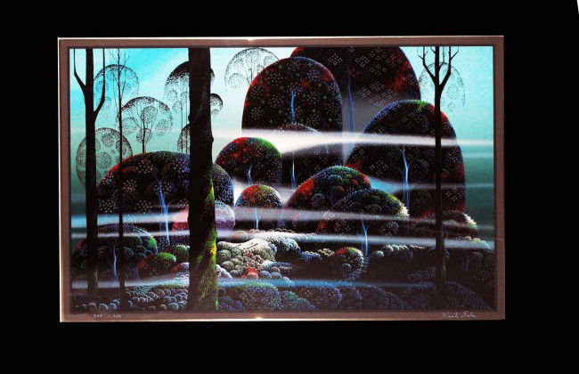 EYVIND EARLE (American. 1916-2000): "Beyond Paradise". Circa 1990. Signed and numbered 344/364 in the lower margin. Serigraph on Black Arches Paper. Measuring 26" by 38". Matted and framed. (Cond: good)