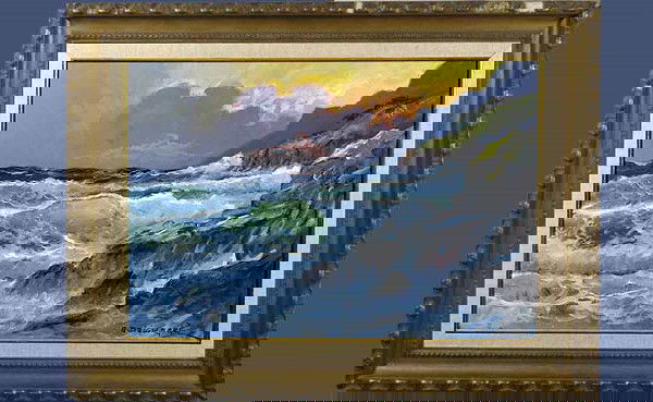 Alexander Dzigurski O/C Carmel Coastal Seascape: Alexander Dzigurski American 1911-1995 Carmel Coastal Seascape. Oil On Canvas, Signed Lower Right, Verso Bears Artist's Copyright Stamp, 18 Inches Tall 26 Inches Wide. Framed, Good Condition. We Will
