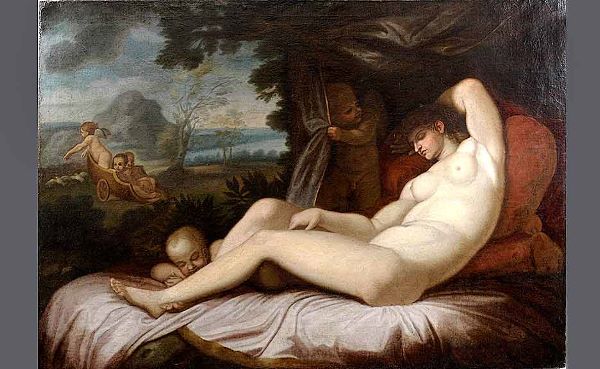 Manner of Annibale Carracci Sleeping Venus OC: Manner of Annibale Carracci ( Italian, 1560-1609), Sleeping Venus, Oil on Canvas, Verso Bears Inscription "Original di Annibale Caracci Val. Duc. 100, Galleria S.A.P, Conte d' Aguila, Coll. DeFalco Co