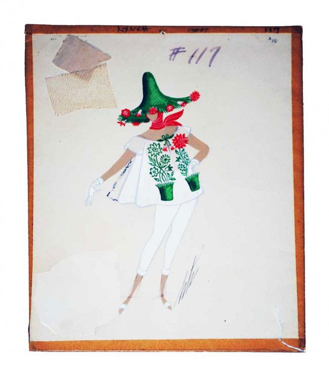 ROMAIN DE TIRTOFF ERTE (Russian/French. 1892-1990): "Picnic Dress". Signed Erte l/r. Gouache on Paper Laid on Bainbridge Board. Sheet measuring 15" by 11". Unframed. (Cond: has a cloth sample tipped to the upper left, some fading) (1000/1500)