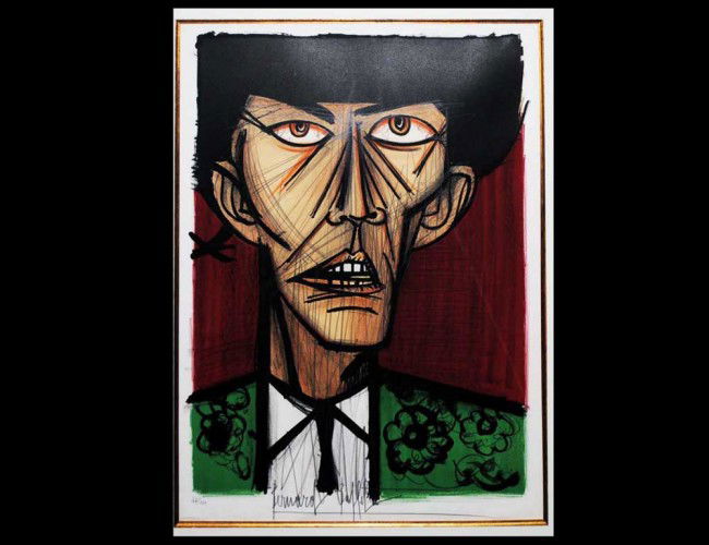 BERNARD BUFFET (French. 1928-1999): "Bullfighter". Signed and numbered 47/150 in pencil in the lower margin. Color Lithograph. Sheet measuring 29 1/2" by 20 1/2". Framed. (Cond: good) (400/600)