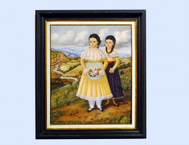 HORACIO RENTERIA ROCHA (Mexican. 1912-1972): "Dos Ninas". Signed Horacio l/r. Oil on Canvas. Measuring 31 1/2" by 25 1/2". (Cond: surface could use cleaning, has horizontal stretcher bar mark upper) (3000/4000)
