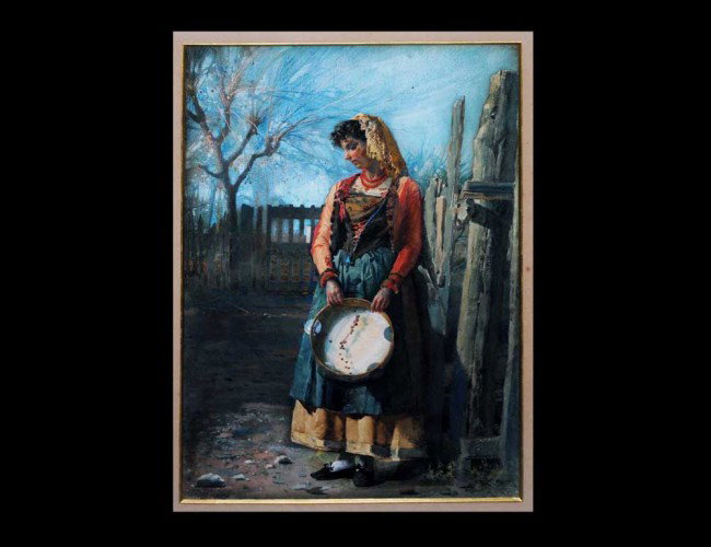 JOSE BAROY TAPIRO (Spanish. 1830-1913): "Peasant Lady with Tambourine". Signed J. Tapiro l/l. Watercolor on Paper. Measuring 15 3/4" by 10 3/4". Gilded period frame with nameplate, some losses and wear. (Cond: good) (400/600)