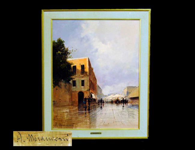 ALDO MARANGONI (Italian. 20th Century): "Street Scene". Signed l/l. Oil on Canvas. Measuring 30" by 24". Framed. (Cond: surface has vertical abrasion) (100/150)