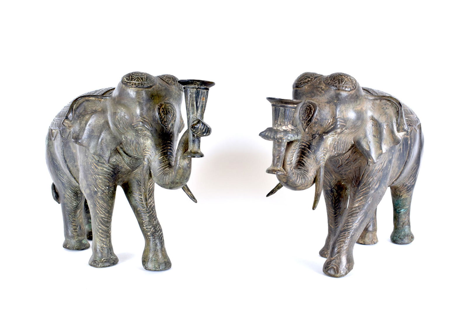 PAIR OF PATINATED BRONZE ELEPHANTS WITH CANDLE HOLDERS (1 of 4)