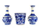 THREE BLUE AND WHITE DECORATED EARTHENWARE VESSELS