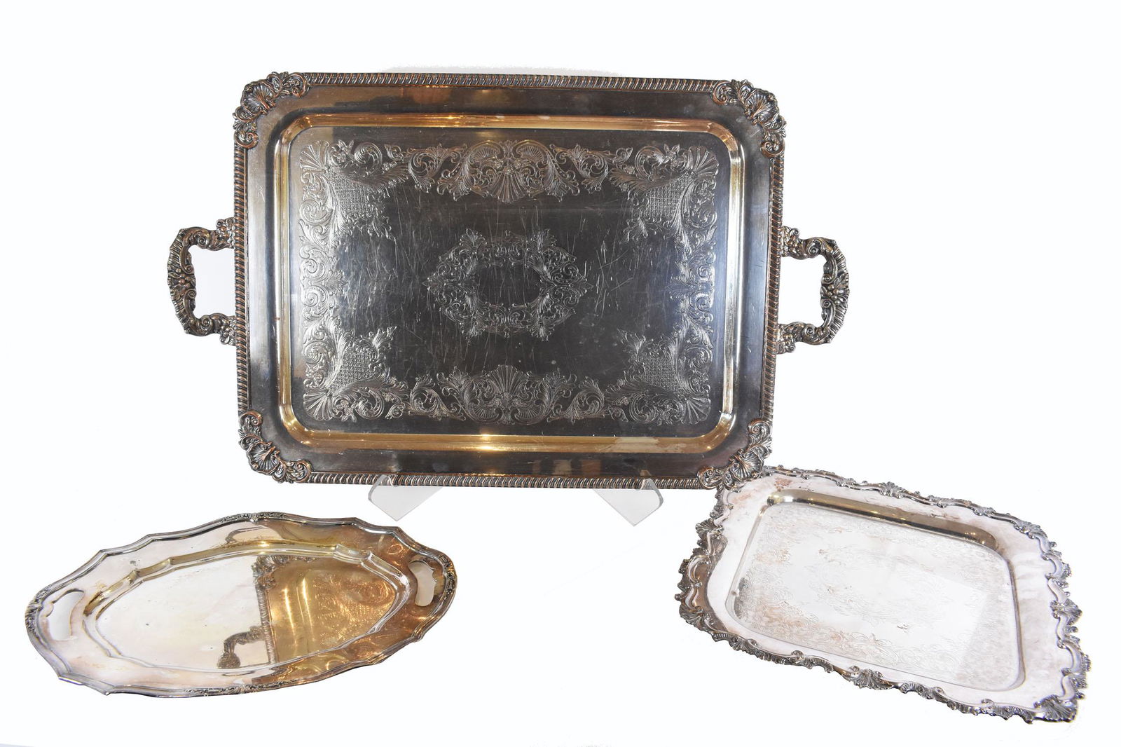 ENGLISH SHEFFIELD SILVER PLATE TRAY AND TWO OTHERS (1 of 4)