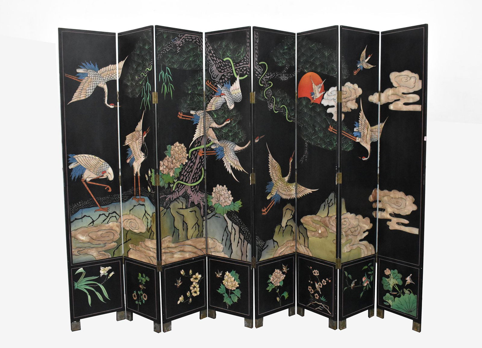 CHINESE POLYCHROMED BLACK LACQUER EIGHT-FOLD SCREEN (1 of 8)