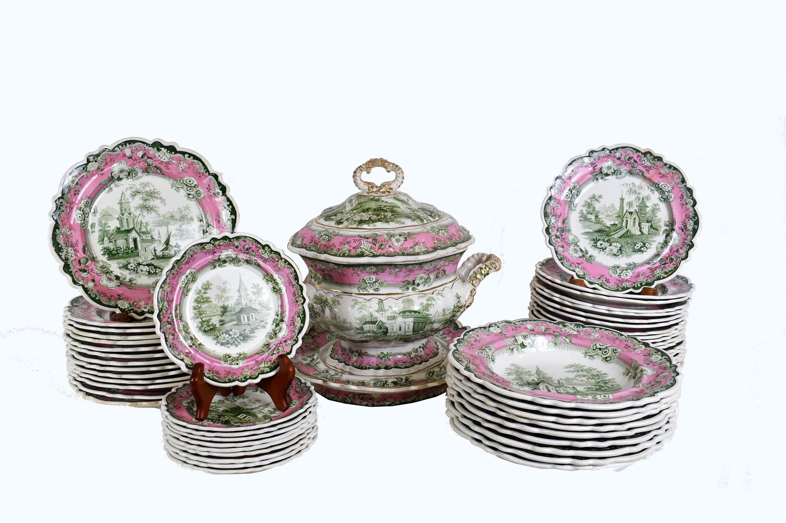 STAFFORDSHIRE GREEN TRANSFER PRINTED EARTHENWARE DINNER SERVICE (1 of 12)