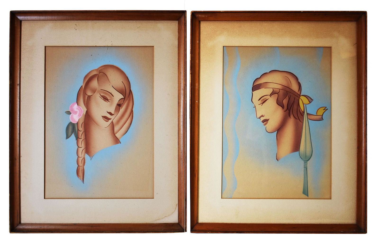 STYLE OF GUSTAVE KAITZ PAIR OF ART DECO PORTRAITS: Bust Portraits of a Lady and Man. Circa 1940. Unsigned. Pastel on Cardstock. 20 by 16 in., overall 21.5 by 17 in. (Cond: female portrait lacks glass to frame)
