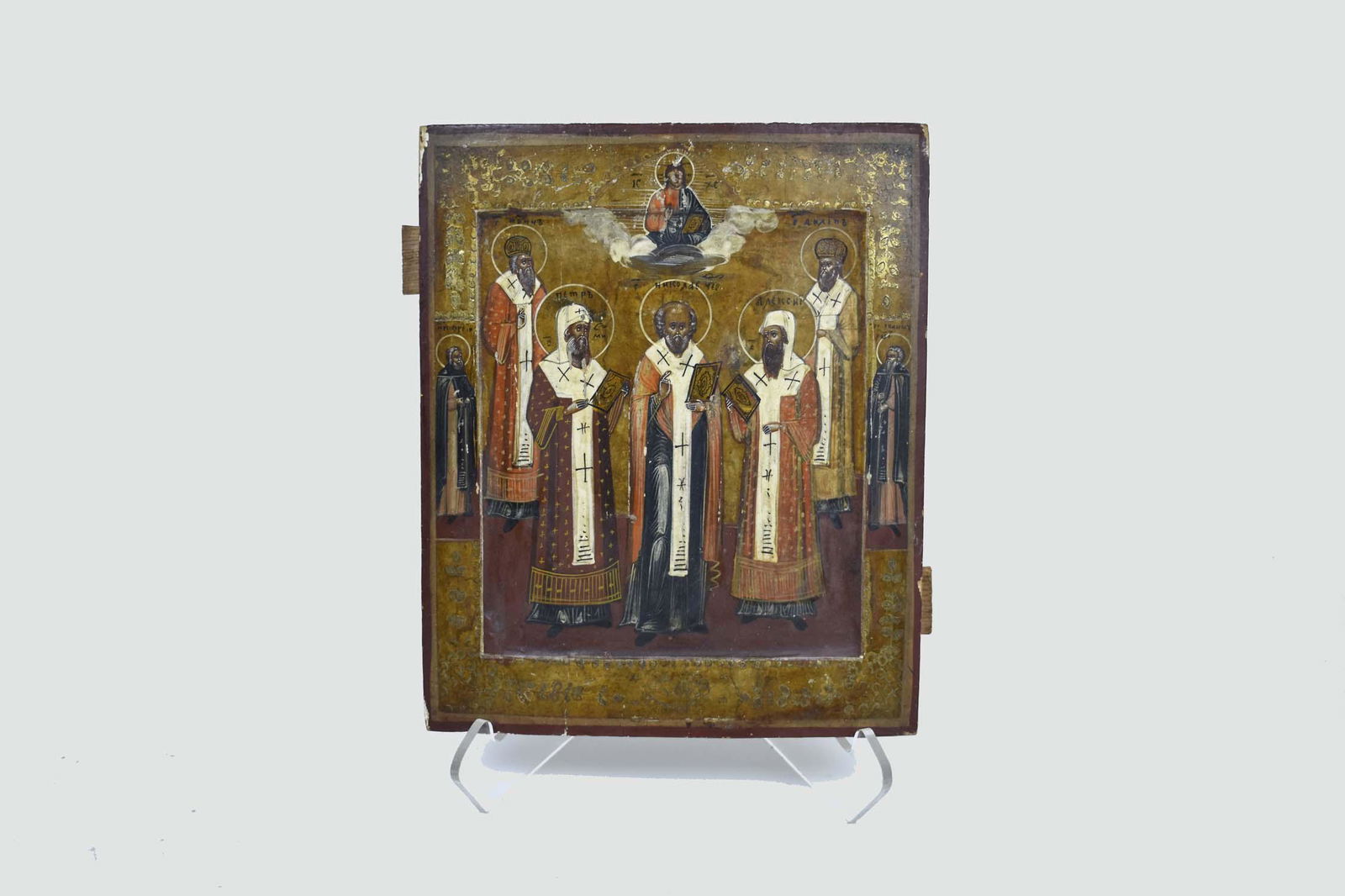 RUSSIAN PAINTED AND PARCEL GILT ICON OF SAINTS (1 of 6)