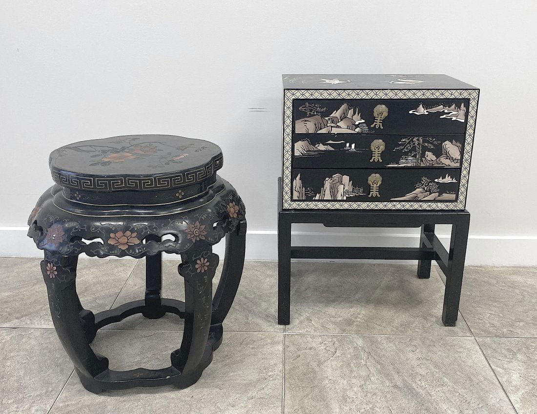 CHINESE BLACK LACQUER STOOL & A SMALL CHEST ON STAND (1 of 5)