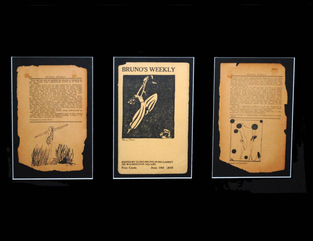 CLARA TICE (American. 1888-1973): A grouping of six etchings. One with four "nudes", the other with two genre scenes. All signed. small format dimensions. Together with three pages from "Bruno's Weekly, Washington Square, N.Y., 1916"