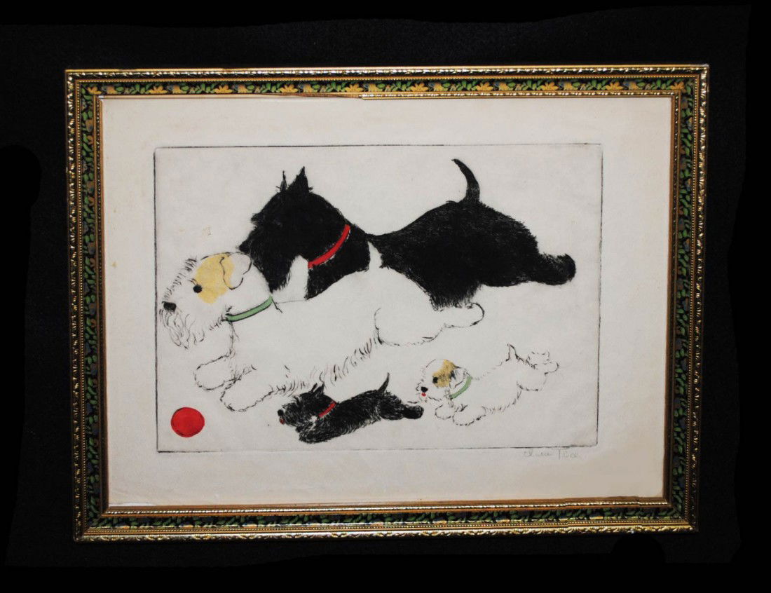 CLARA TICE (American. 1888-1973): "Dobermans" and "Terriers". Each signed in pencil l/r margin. Two Etchings with Hand Coloring. Image measuring 7 1/4" by 10 1/2". Matching frames. (Cond: wide margins, both have fading, good colors, s