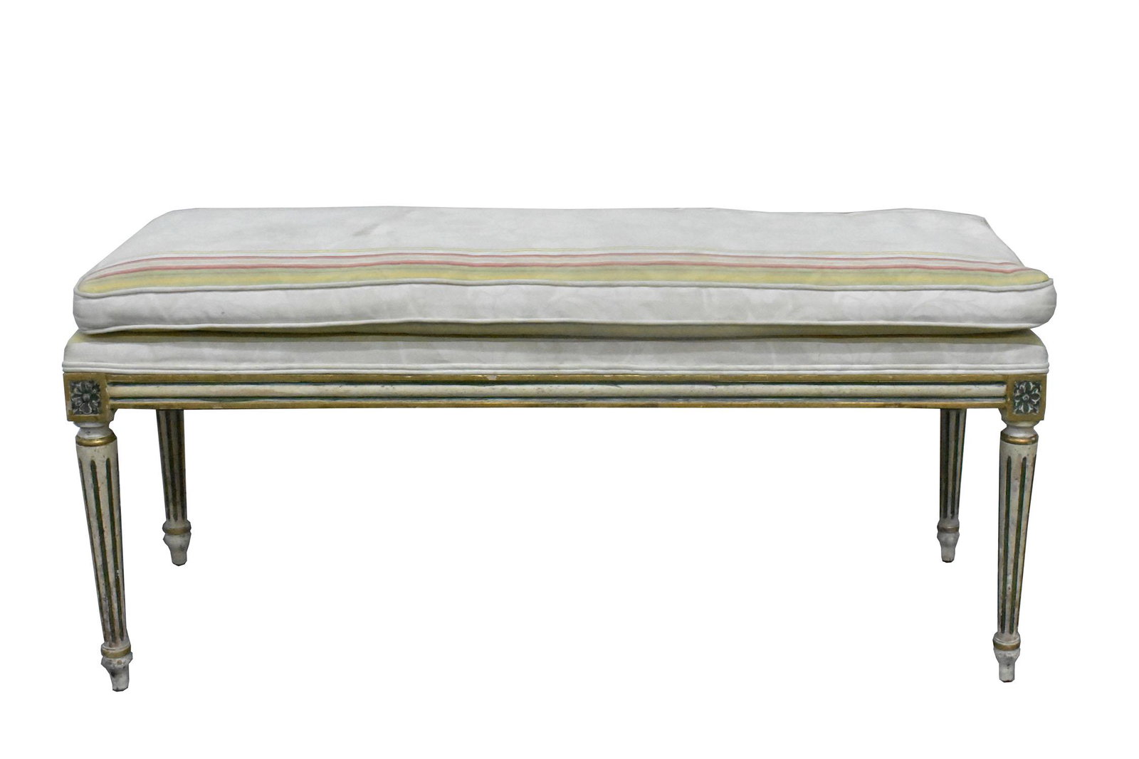 LOUIS XVI STYLE PAINTED WINDOW SEAT: Rectangular, with molded seat rail, on circular tapered fluted legs. Length 41 in.height 15 in. to top of upholstery. seat, 19 in. to top of cushion Depth 15 in.