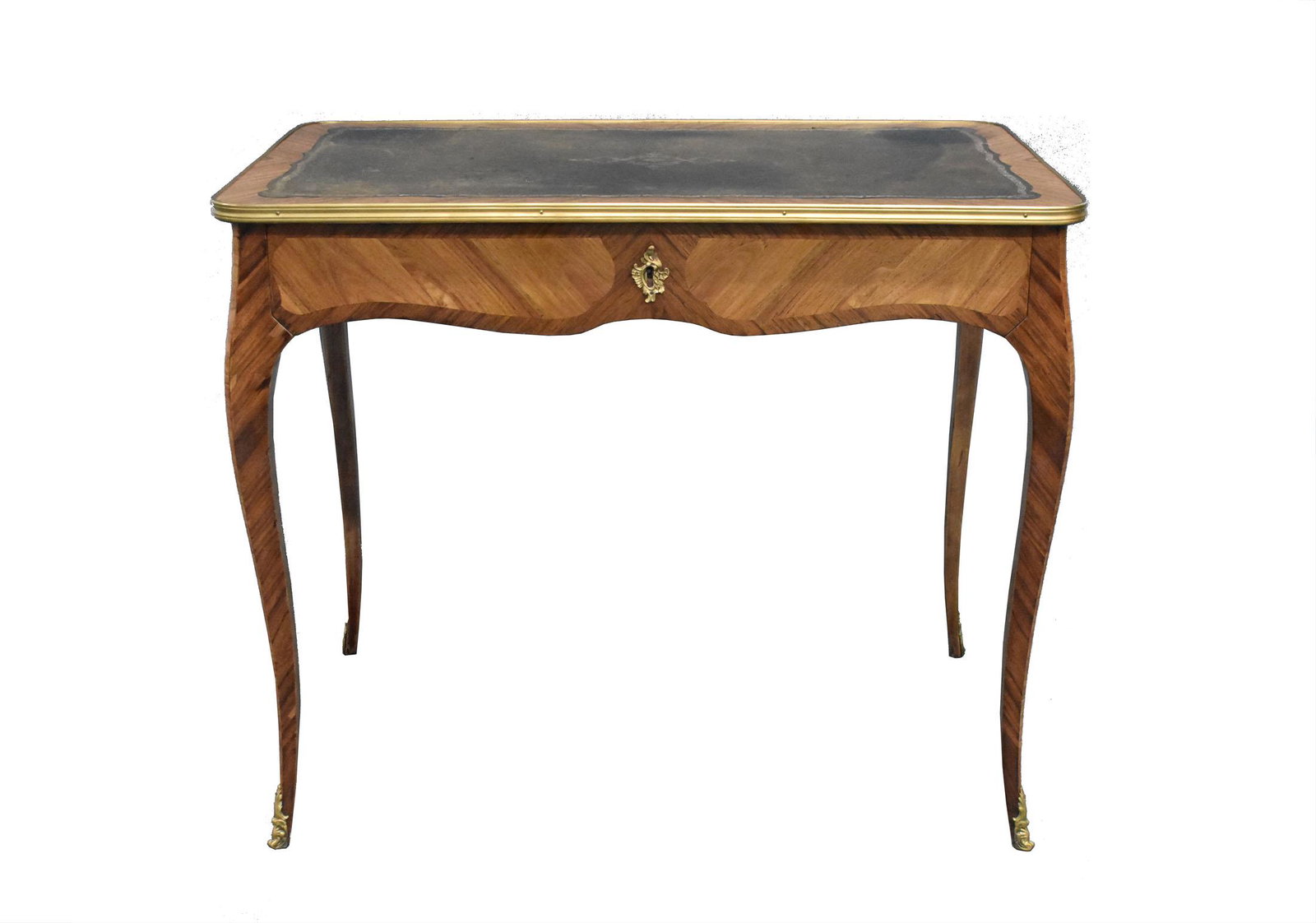 LOUIS XV TULIPWOOD WRITING TABLE: The rectangular gilt-tooled leather-inset top with rounded corners above a frieze drawer, on cabriole legs, with bronze chutes and sabots. Height 29.5 in. Width 36 in. Depth 22 in. (Cond: restored)