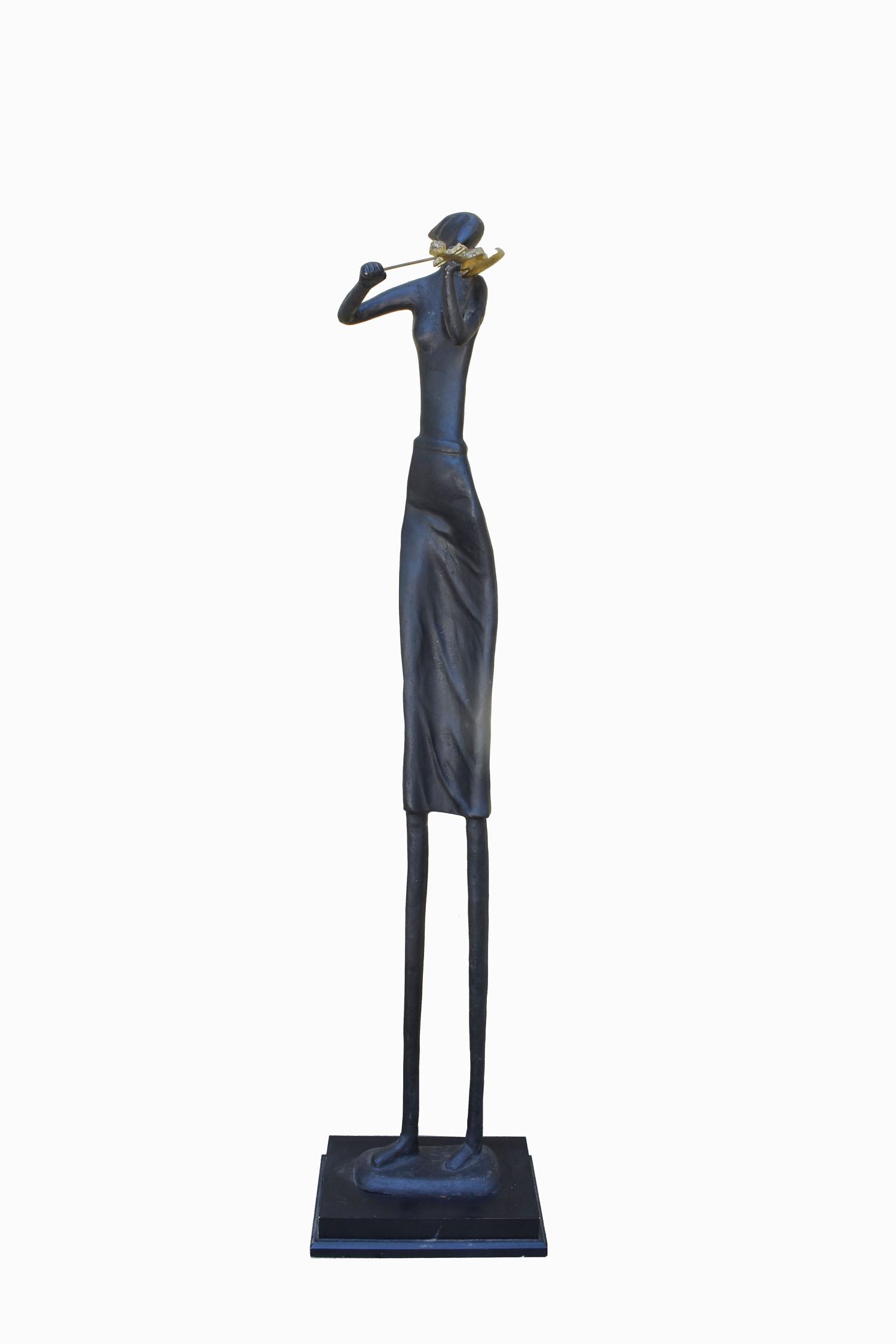CONTEMPORARY PATINATED IRON FIGRE OF A VIOLINIST: Unsigned. The female figure standing poised playing, a gilt bronze violin, on an ebonized wood base. Height 44 in.