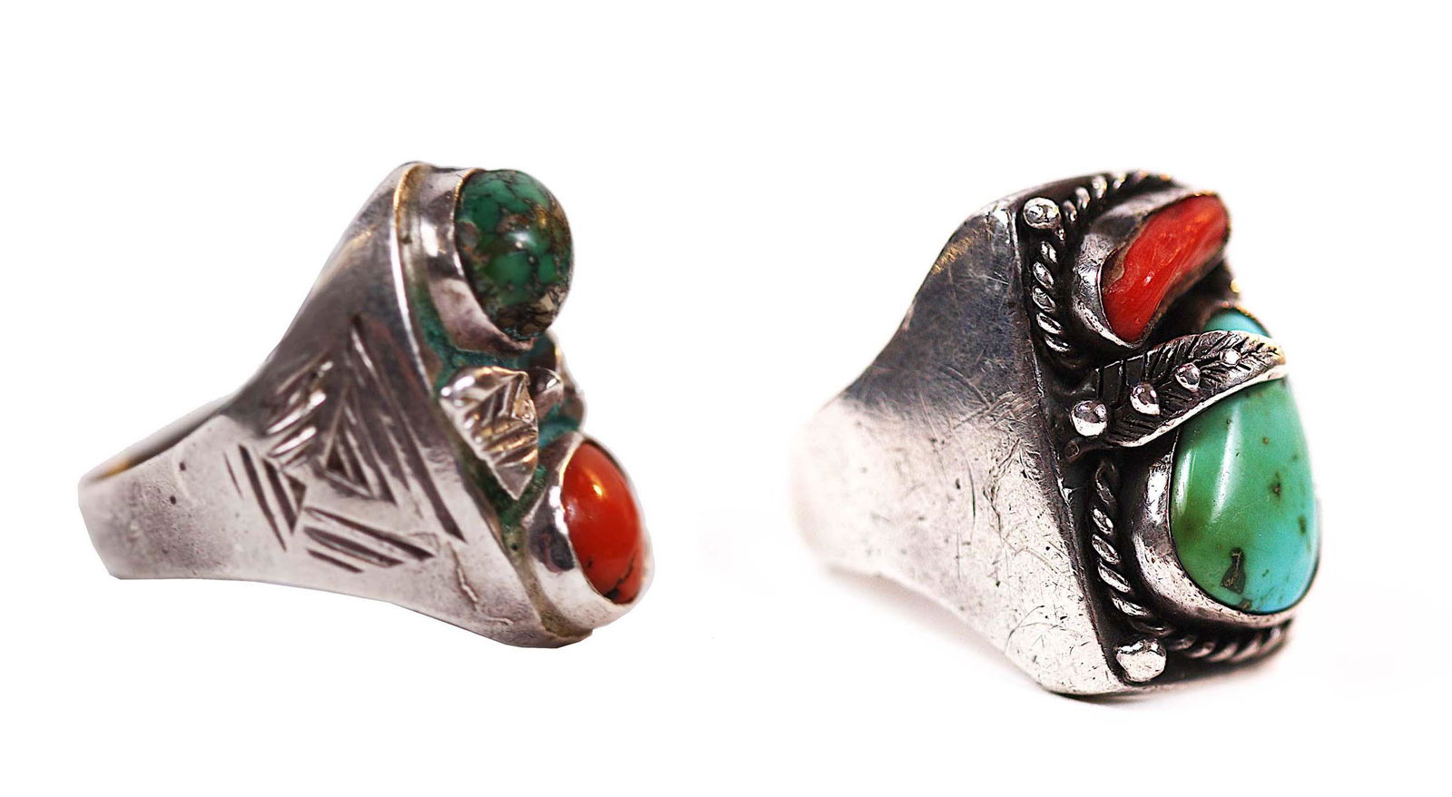 NAVAJO TURQUOISE AND CORAL SILVER GENTLEMANâ€™S RING (1 of 9)
