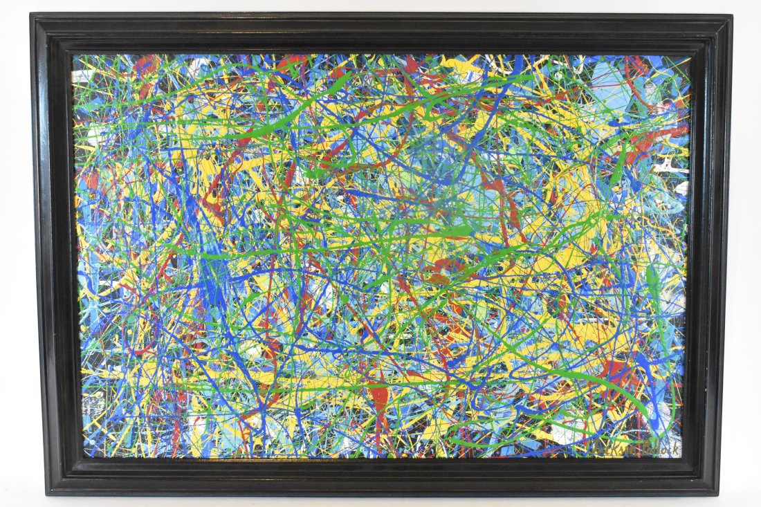 AMERICAN SCHOOL (20th Century) PAINTING: Abstract Drip Painting in the Manner of Jackson Pollack. Oil on Canvas. Signed. 24 by 36 in.