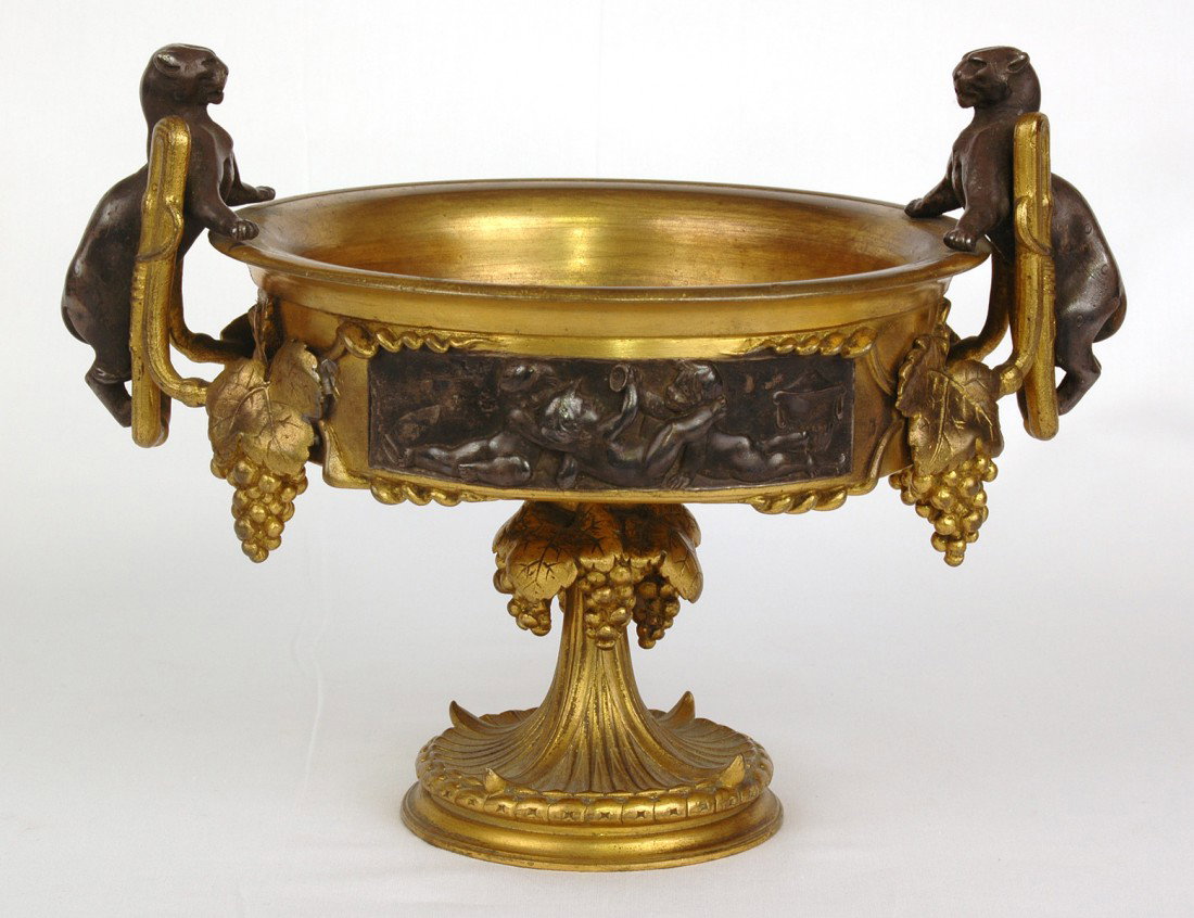 RENAISSANCE REVIVAL GILT AND PATINATED BRONZE COMPO: French. 19th Century. The circular bowl cast with leopard handles, figural frieze panels and grape clusters. Height 6 7/8". Length 9". (400/600)