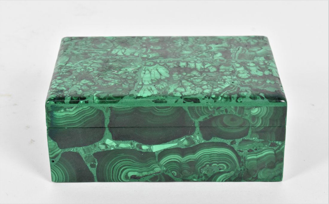 MALACHITE RECTANGULAR BOX: Modern, with a conforming lid. 2.5 by 5.75 by 4 in.