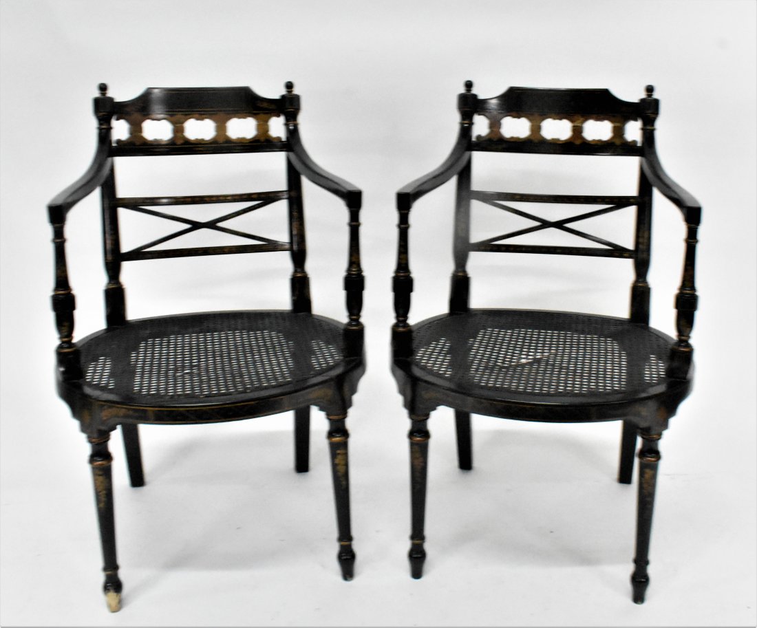 PAIR REGENCY STYLE EBONIZED CANED ARMCHAIRS (1 of 7)