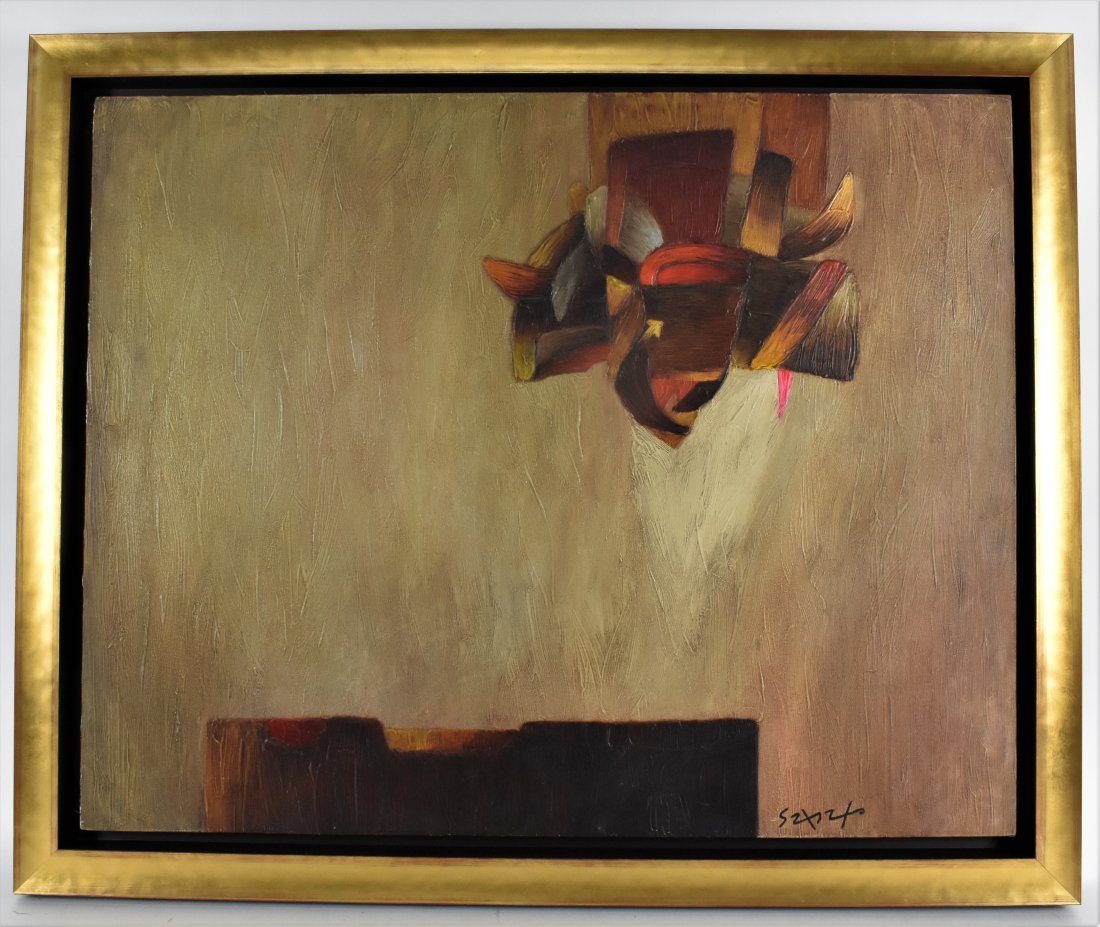 FERNANDO DE SZYZLO (Peruvian. 1925-2017) PAINTING: Untitled, Abstract, signed lower right. Oil on Canvas. 28 by 34.5 in., overall, in a gilt wood frame 32.5 by 39 in. Cf. Fernando de Szyzlo studied in Lima at the School of Plastic Arts of the â€¦.