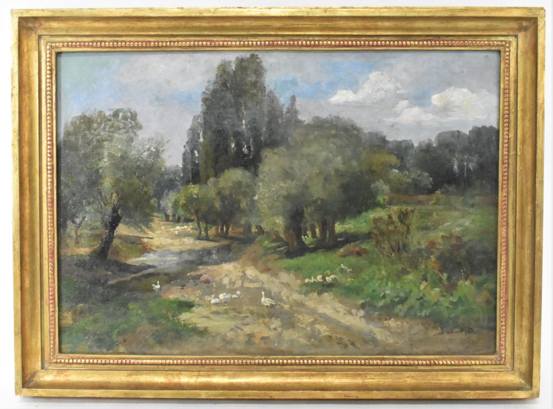 HERMINE VON JANDA (Austrian. 1854-1925) PAINTING: Woodland Landscape with a Brook and Ducks. Signed lower right, dated 1889-1891, also with inscribed label on the reverse. 19 by 27.5 in., overall, framed 23.5 by 32 in.