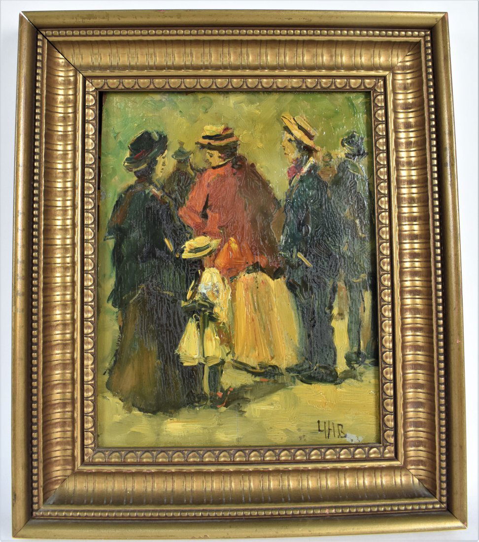GEORGE HENDRIK BREITNER (Dutch. 1857-1923) PAINTING: Well Dressed Family Outing. Initialed/monogrammed lower right. Oil on Panel. 10 by 8 in., overall 13.75 by 11.5 in.