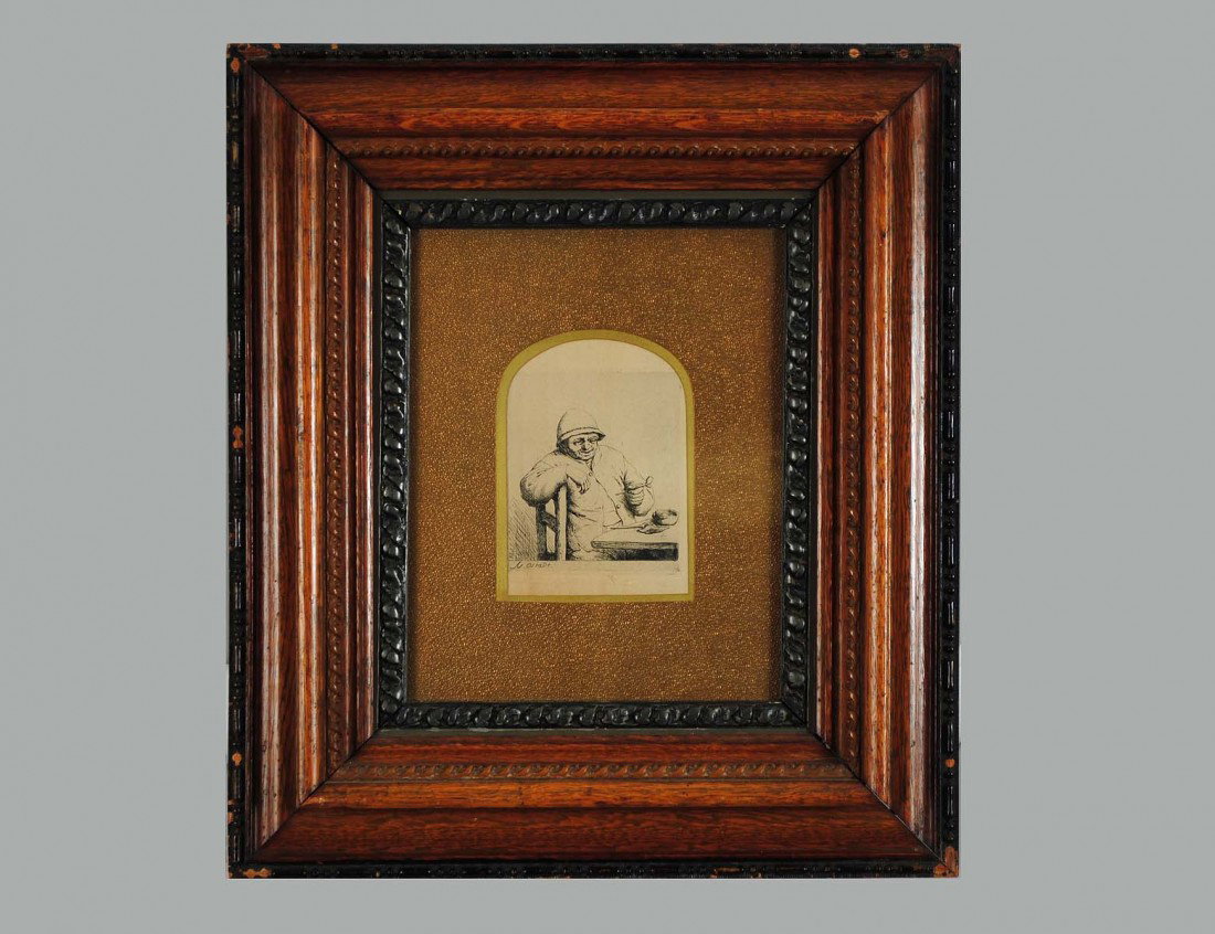 ADRIAEN VAN OSTADE (Dutch. 1610-1685): "Smoker Leaning on the Back of a Chair". Signed in the plate. Verso bears German Collectors/Gallery stamp and numbered 182. Etching on Laid Paper. Plate size 4 1/4" by 3 3/4". Sheet size 7 1/2" by 5 1
