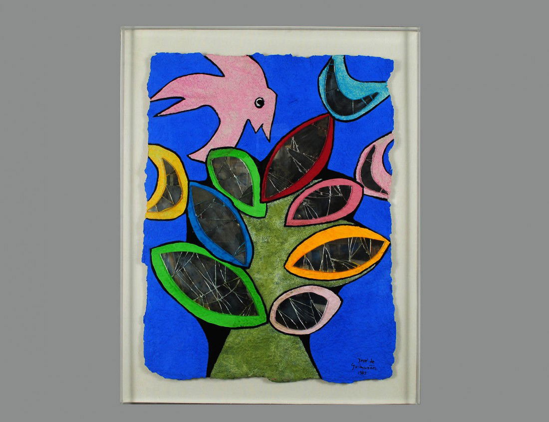 JOSE DE GUIMARAES (Portuguese. Born 1939): "Untitled". Signed Jose de Guimaraes and dated 1983 l/r. Oil and Fragments of Mirrors on Paper. Measuring 25 1/2" by 19 1/2". Plexiglas frame. (4000/6000)