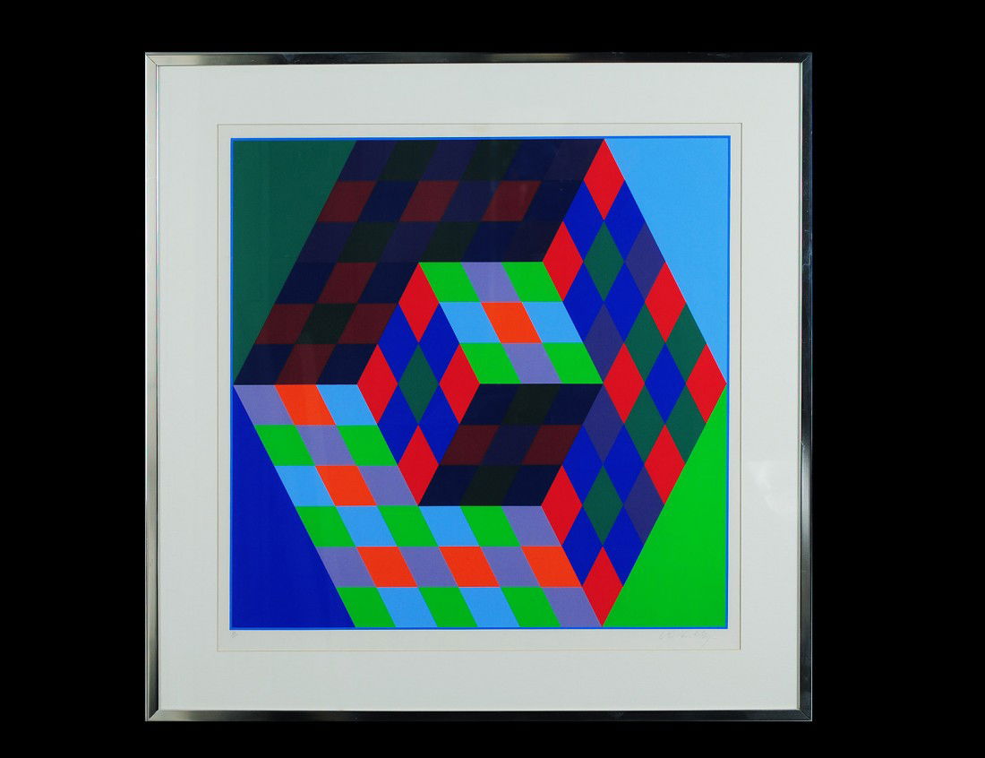 VICTOR VASARELY (French/Hungarian. 1906-1977): "Untitled". Signed and numbered 51/100 in pencil in the lower margin. Color Lithograph. Sight measuring 25 1/2" by 25". Chrome frame. (Cond: good, light toning) (600/800)