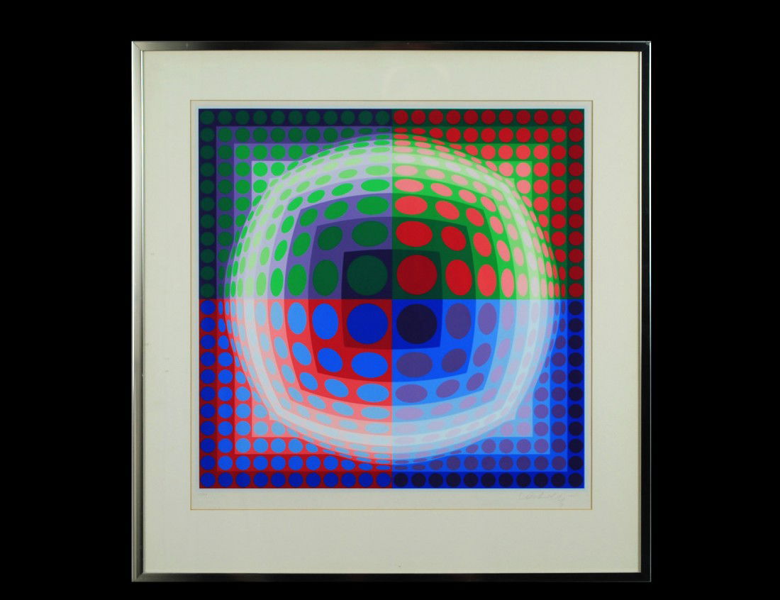 VICTOR VASARELY (French/Hungarian. 1906-1977): "Vega Pal V". Signed and numbered 51/267 in pencil in the lower margin. Color Lithograph. Measuring 30 1/2" by 26 1/2". Chrome frame. (Cond: good, light toning) (600/800)